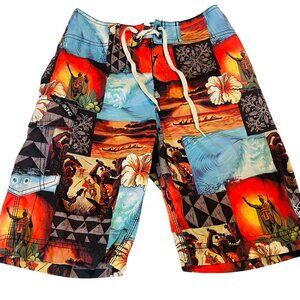 Boys Hawaiian Print Board Shorts Size 26 Polyester Multi-Color Medium Billabong